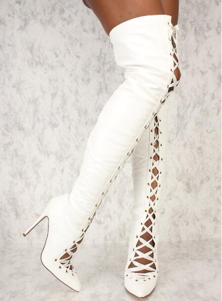 Ribbon Tie Heel - Mode femmes blanc noir solide daim