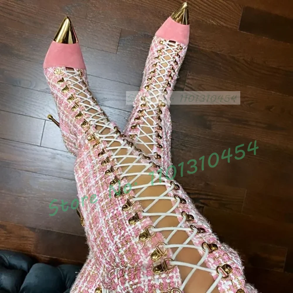 Sock Boot Women - Bottes hautes creuses à carreaux roses